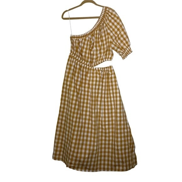 NWT Who What Wear One-Shoulder Gingham Mustard Cut Out Dress 100% Cotton Size XL - Picture 3 of 9